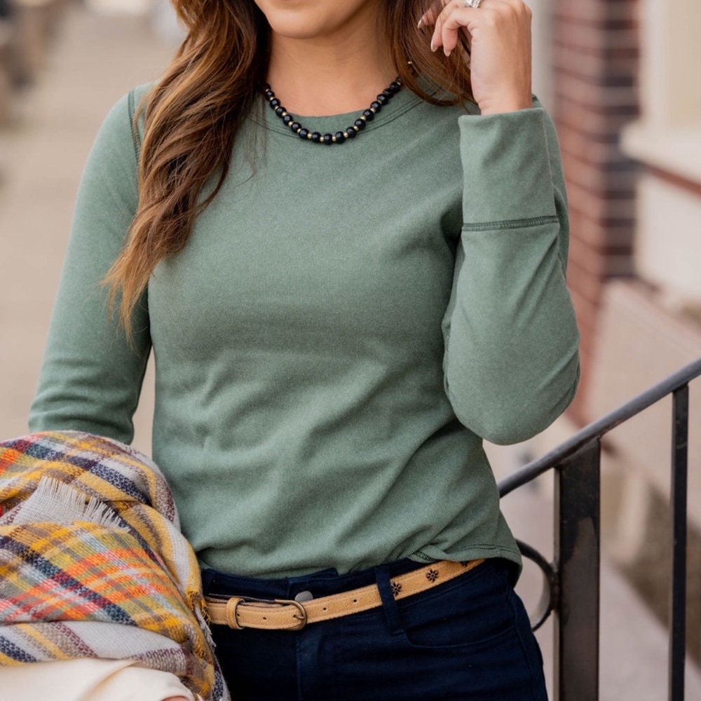 COLORED SEAM LONG SLEEVE TEE, Sage, L